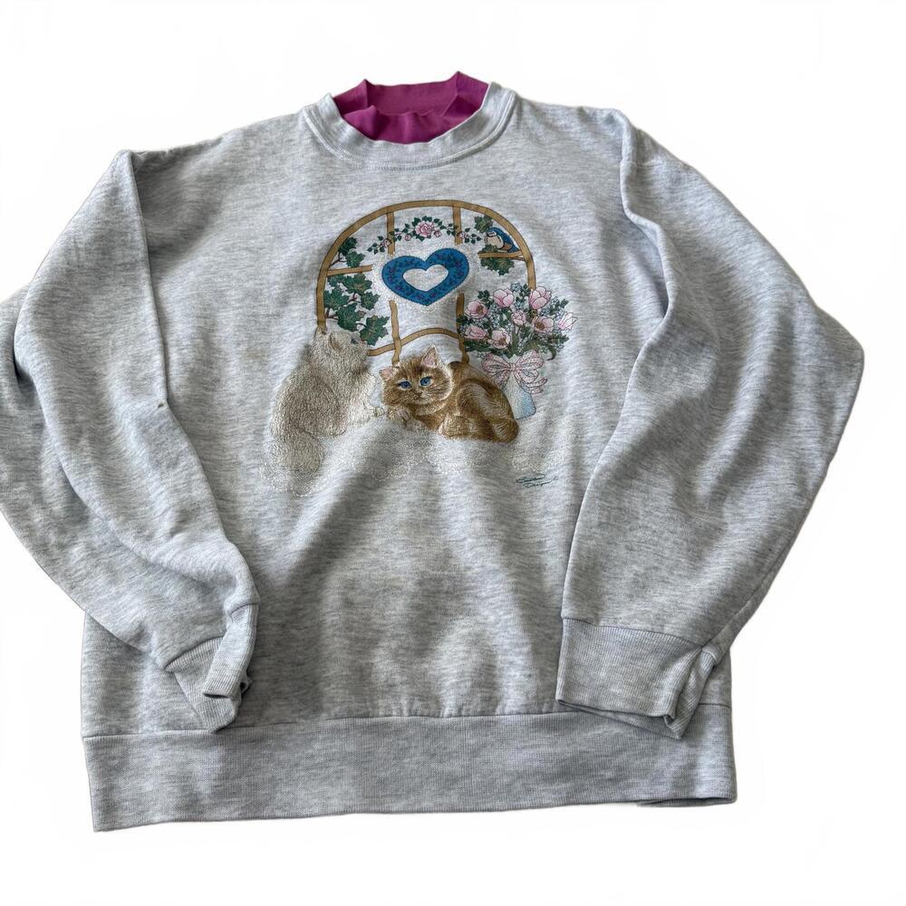 Vintage Cat Sweatshirt Pleasant Shade USA Gray Floral Kitten Graphic Size L